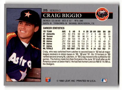 Original gloss Craig Biggio baseball card from 1992 Leaf #315 Astros featuring Simply Sandoval