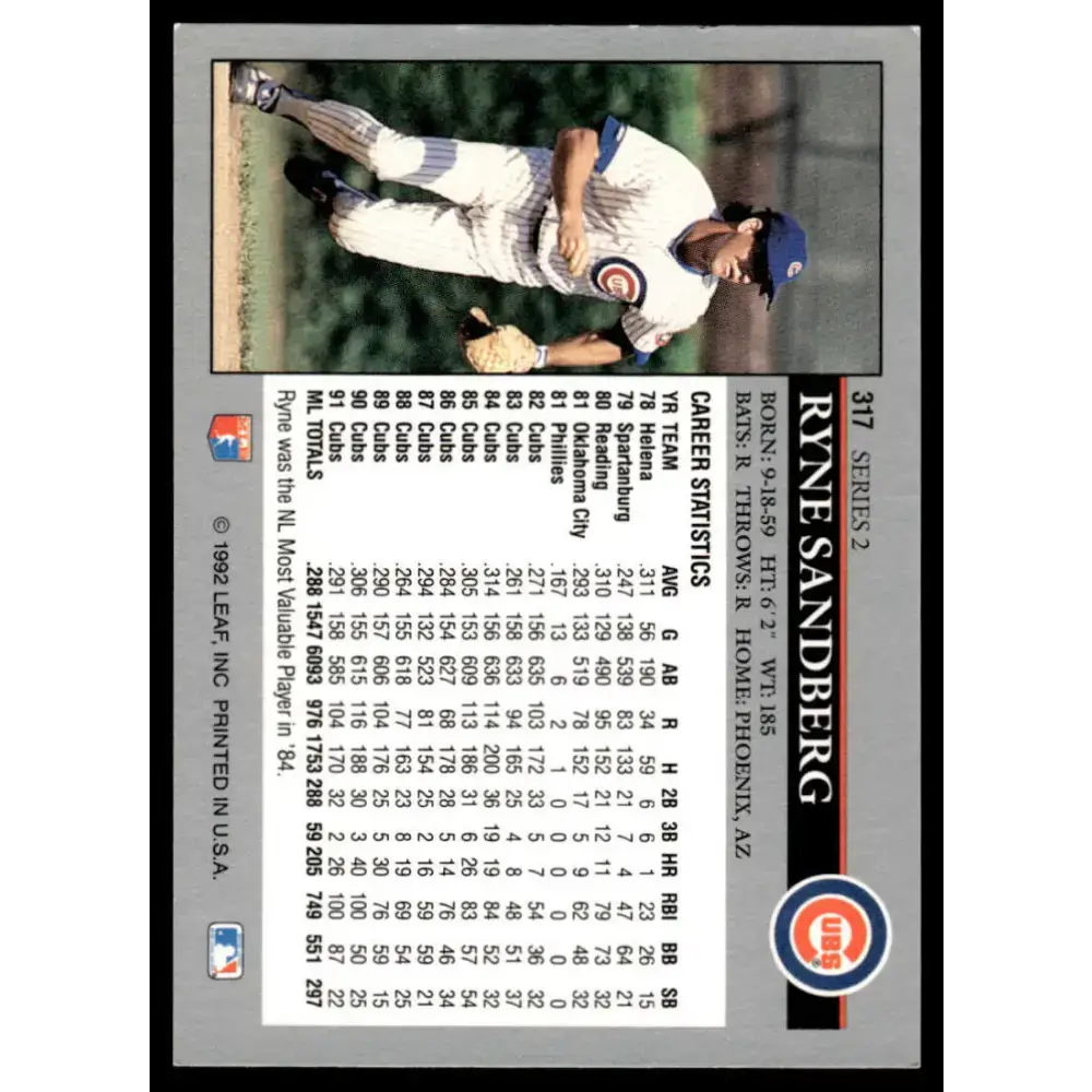 1992 Leaf #317 Ryne Sandberg EX Chicago Cubs Baseball Card - Baseball Card Single