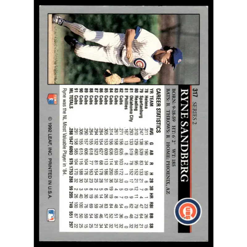 1992 Leaf #317 Ryne Sandberg EX Chicago Cubs Baseball Card - Baseball Card Single