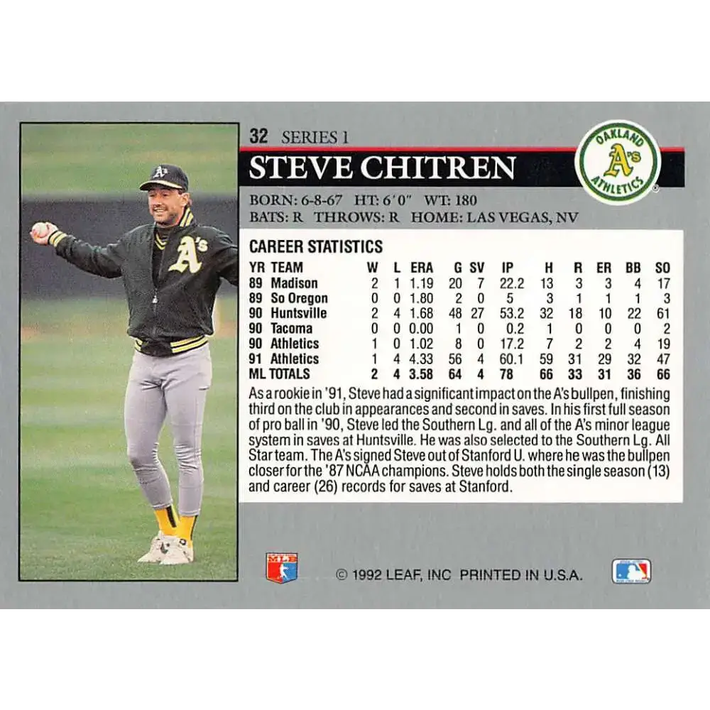 1992 Leaf #32 Steve Chitren NM-MT Oakland Athletics Baseball Card - Baseball Card Single