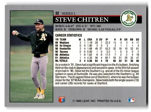 Original gloss 1992 Leaf Steve Chitren baseball card mint Athletics Near Mint