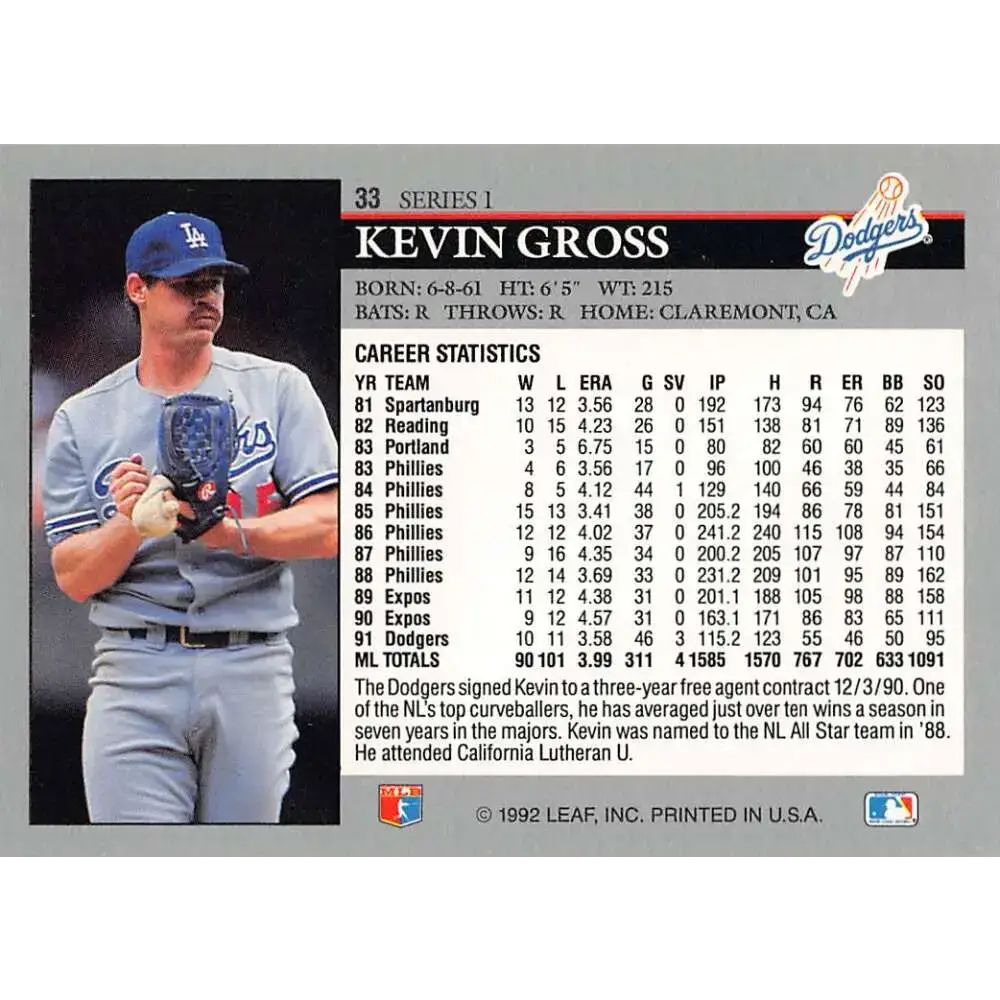 1992 Leaf #33 Kevin Gross NM-MT Los Angeles Dodgers Baseball Card - Baseball Card Single