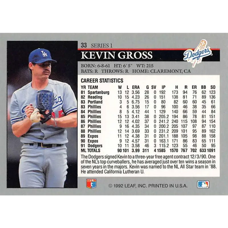 1992 Leaf #33 Kevin Gross NM-MT Los Angeles Dodgers Baseball Card - Baseball Card Single