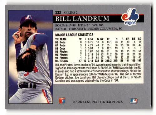 1992 Leaf #333 Bill Landrum EX/NM Expos ID:60432 - Baseball Card Single
