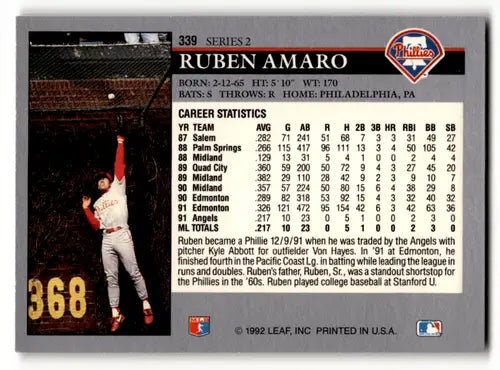 Original gloss Ruben Amaro baseball card from 1992 Leaf #339 Phillies ID:60950