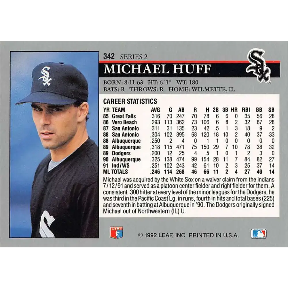 1992 Leaf #342 Mike Huff NM-MT Chicago White Sox Baseball Card - Baseball Card Single