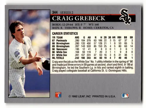 Original gloss baseball card featuring Craig Grebeck from 1992 Leaf #344 White Sox