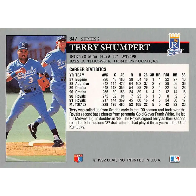 1992 Leaf #347 Terry Shumpert NM-MT Kansas City Royals Baseball Card - Baseball Card Single