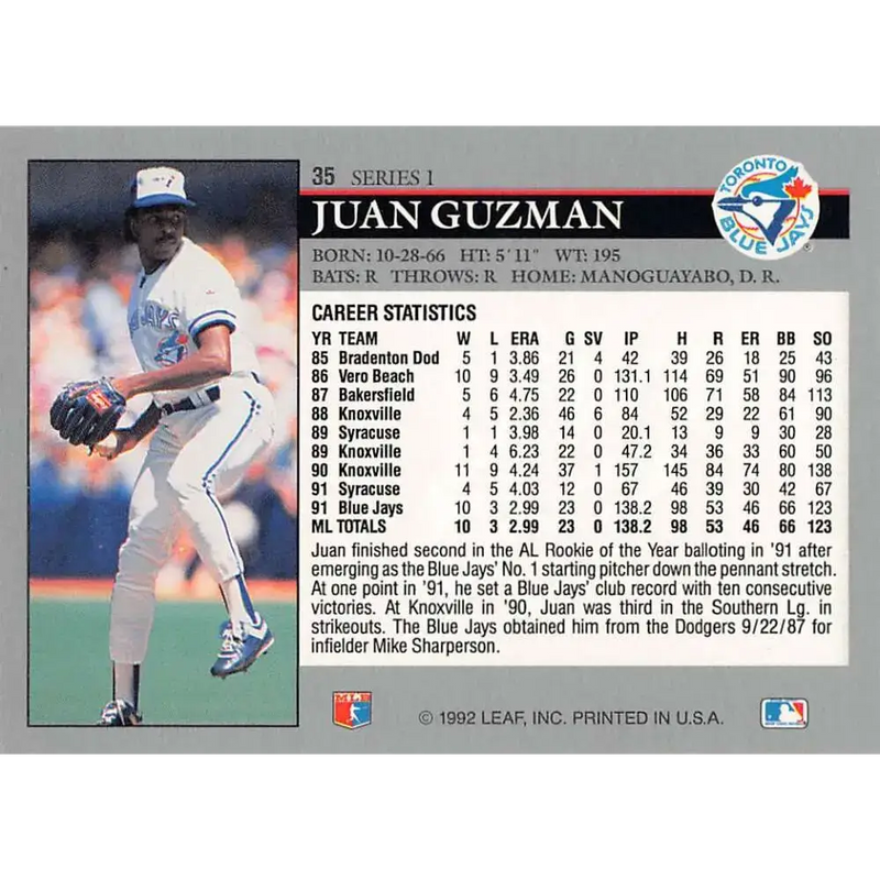 1992 Leaf #35 Juan Guzman NM-MT Toronto Blue Jays Baseball Card - Baseball Card Single