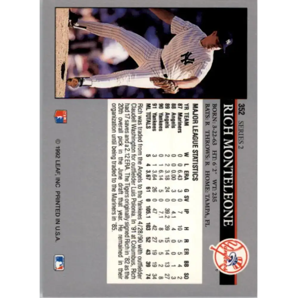 1992 Leaf #352 Rich Monteleone NM-MT New York Yankees Baseball Card - Baseball Card Single