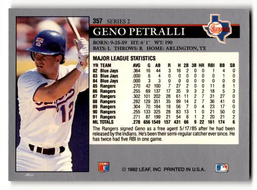 Original gloss Geno Petralli baseball card from 1992 Leaf #357 featuring Rangers elements