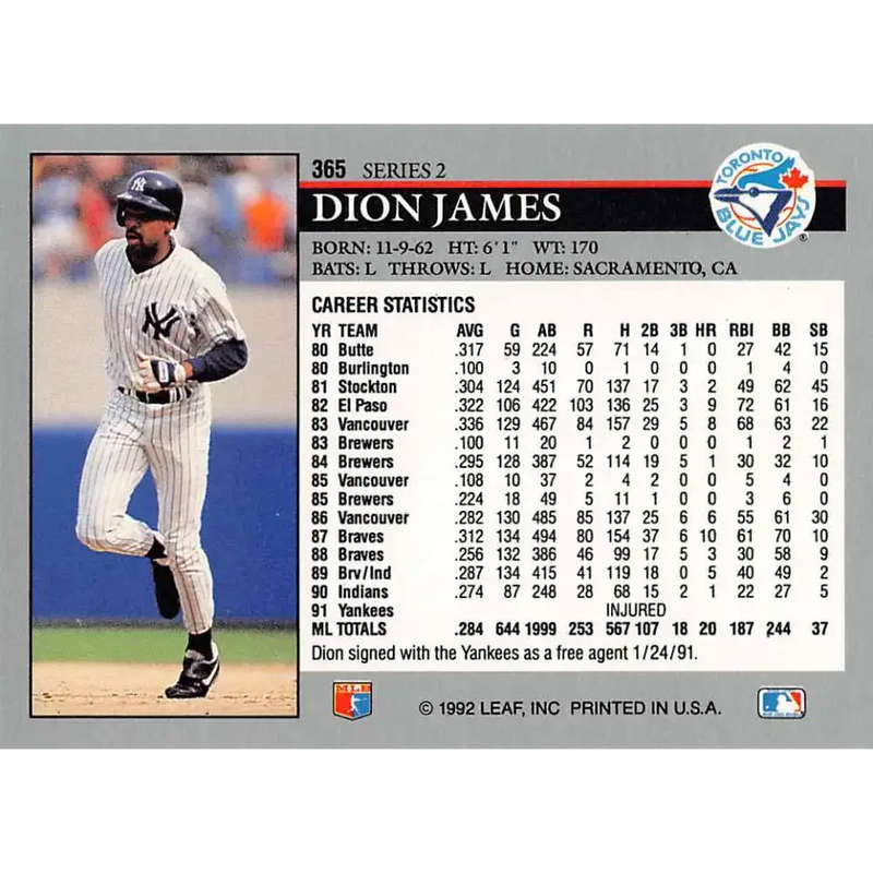 1992 Leaf #365 Dion James UER NM-MT New York Yankees Baseball Card - Baseball Card Single