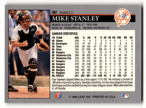 Baseball card back featuring Mike Stanley from 1992 Leaf with original gloss and Simply Sandoval branding