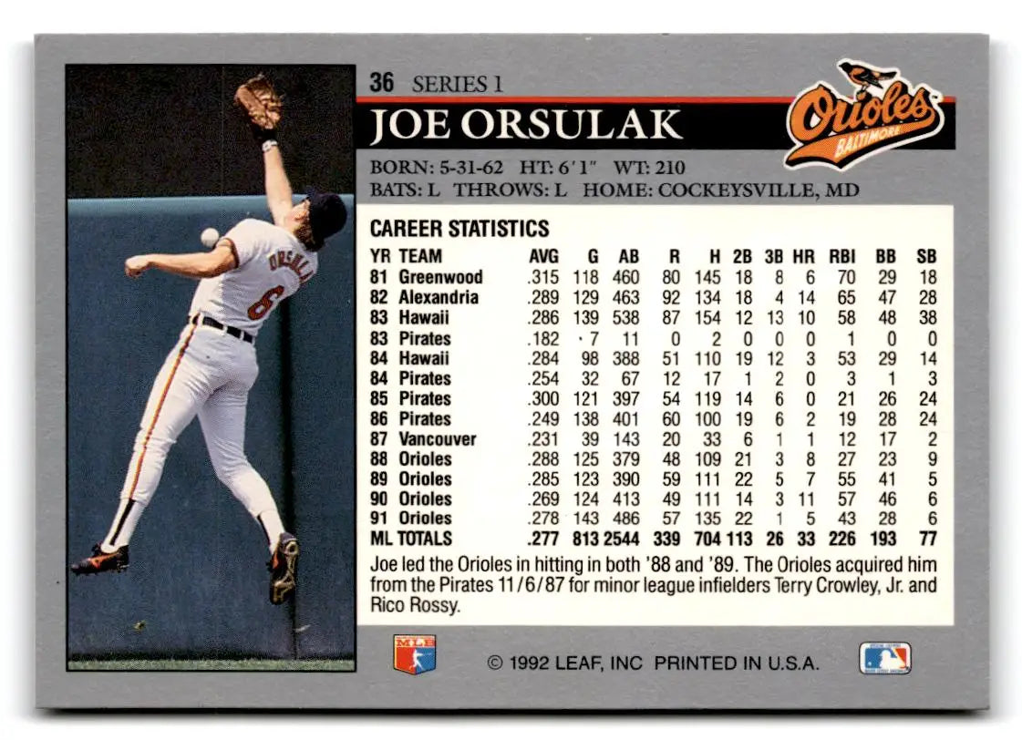 1992 Leaf #36a Joe Orsulak - Baseball Card Single