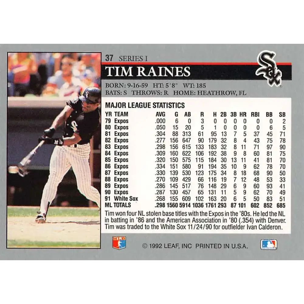1992 Leaf #37 Tim Raines NM-MT Chicago White Sox Baseball Card - Baseball Card Single