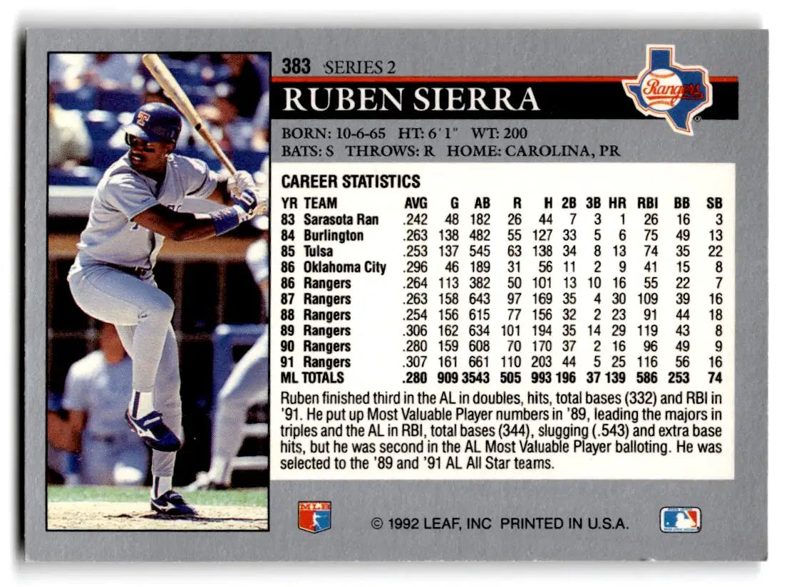 1992 Leaf #383 Ruben Sierra - Baseball Card Single