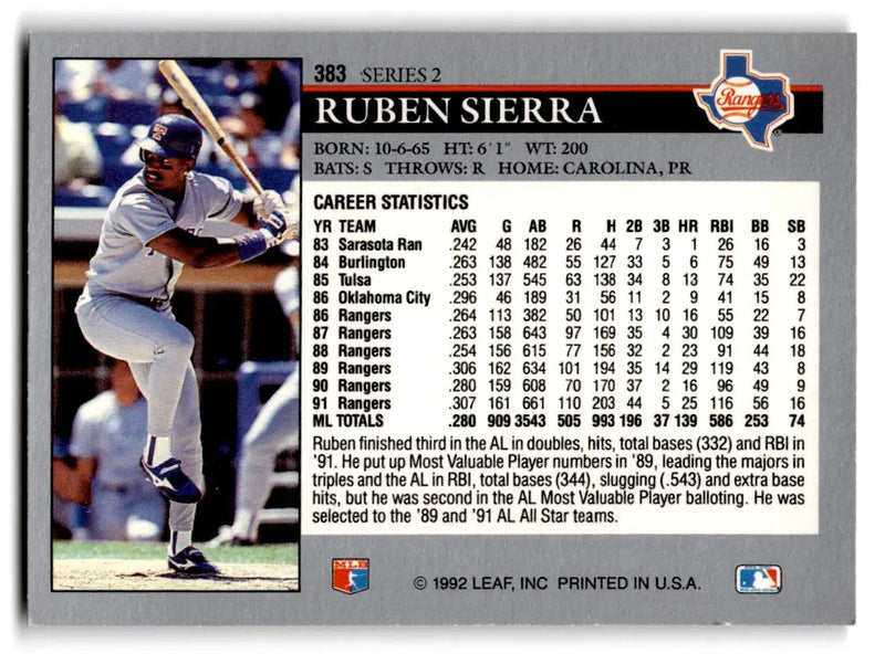 1992 Leaf #383 Ruben Sierra - Baseball Card Single