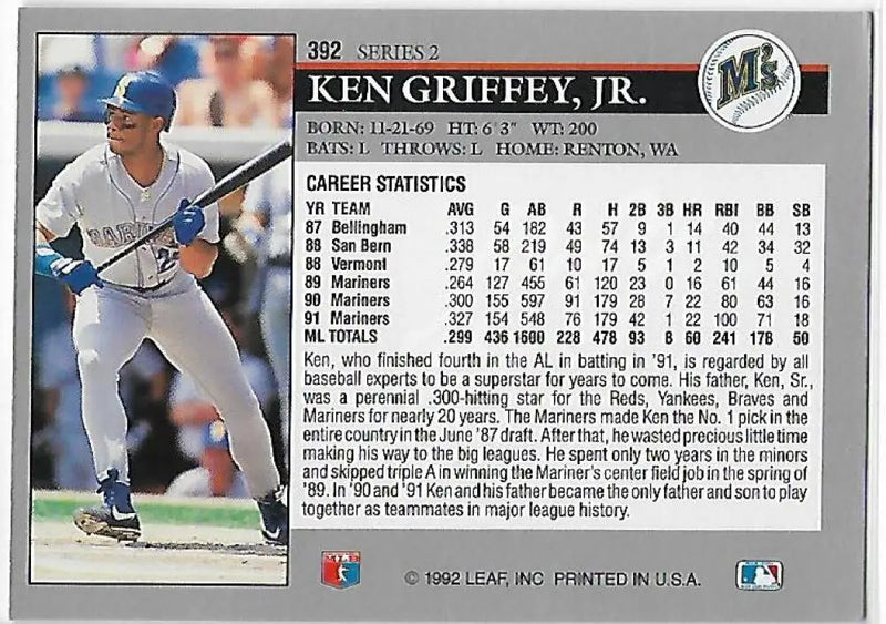 1992 Leaf #392 Ken Griffey Jr. NM Near Mint Mariners ID:81972 - Baseball Card Single