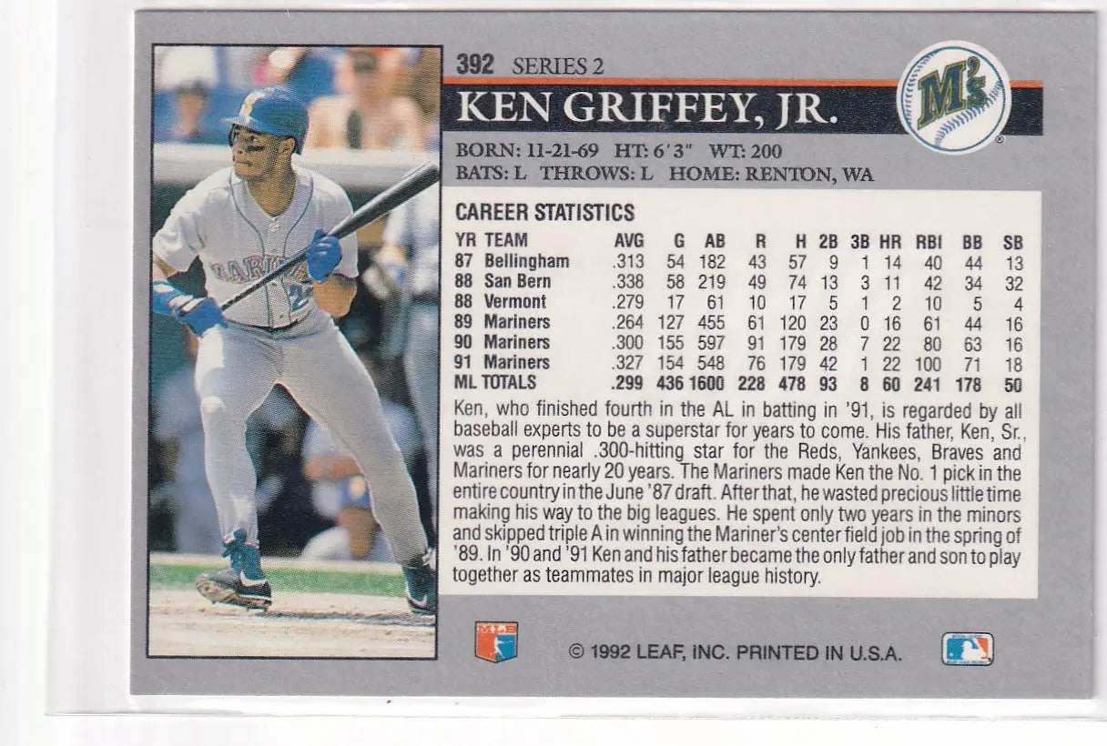 1992 LEAF #392 KEN GRIFFEY JR- SEATTLE MARINERS - Baseball Card Single