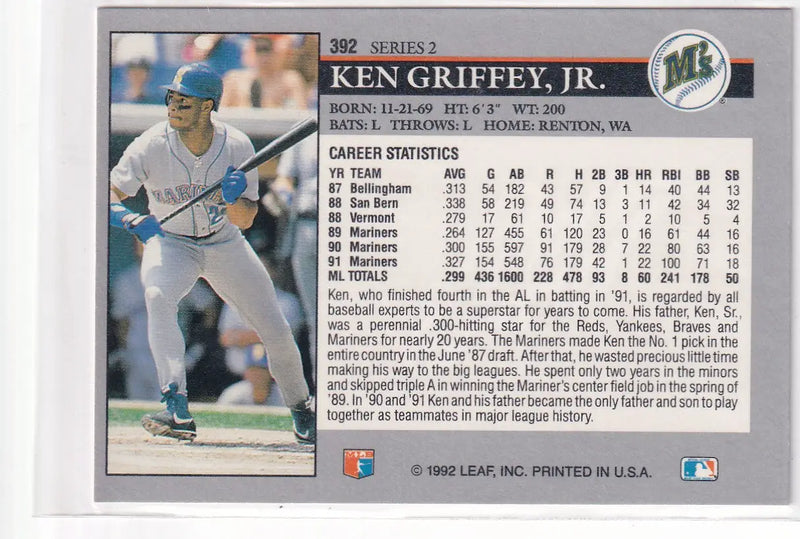 1992 LEAF #392 KEN GRIFFEY JR- SEATTLE MARINERS - Baseball Card Single