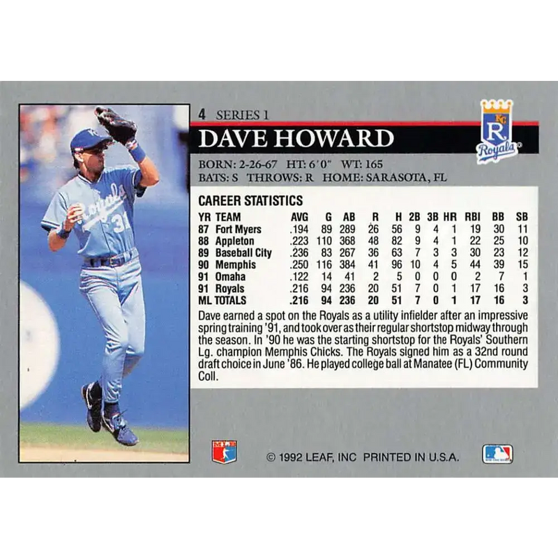 1992 Leaf #4 David Howard NM-MT Kansas City Royals Baseball Card - Baseball Card Single