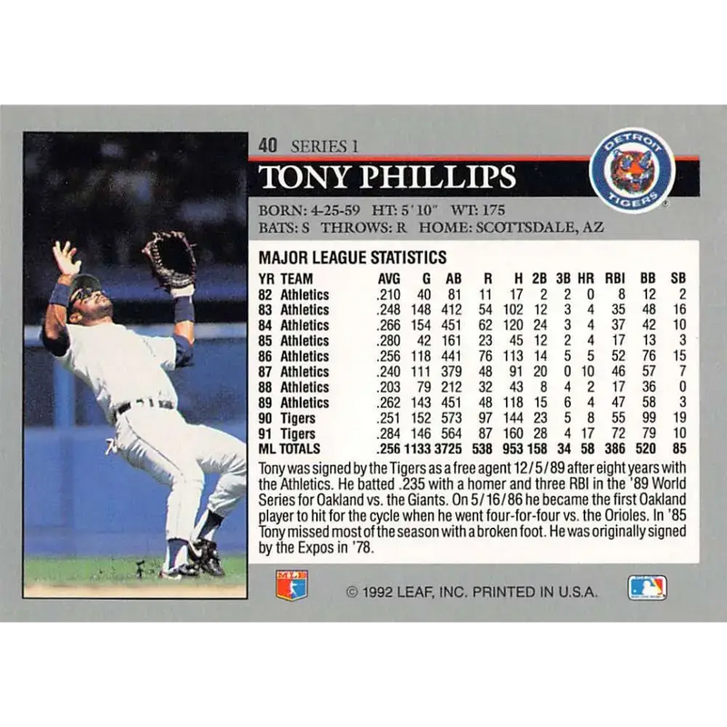 1992 Leaf #40 Tony Phillips NM-MT Detroit Tigers Baseball Card - Baseball Card Single
