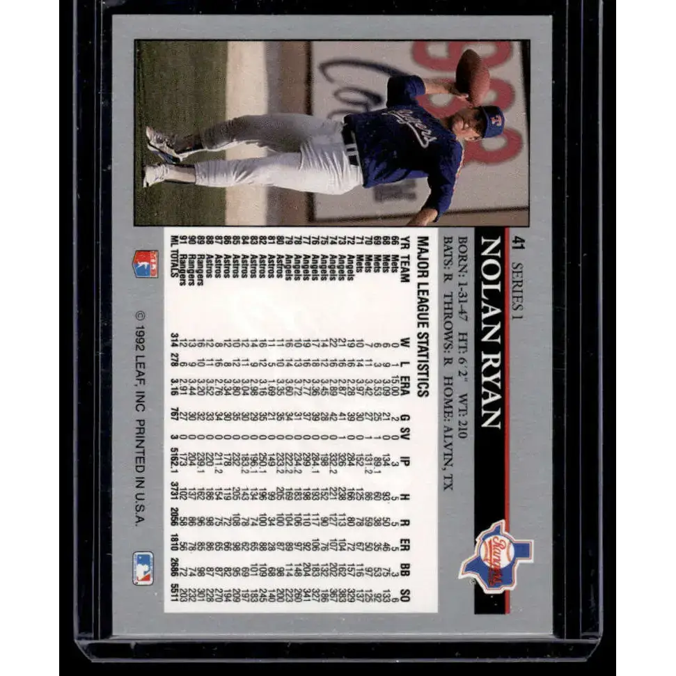 1992 Leaf #41 Nolan Ryan Texas Rangers NM-MT Baseball Card - Baseball Card Single