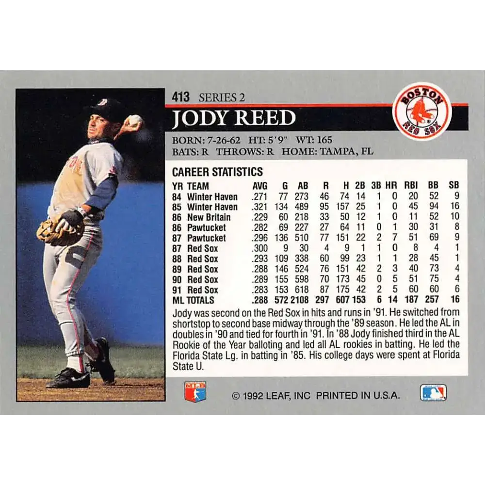1992 Leaf #413 Jody Reed NM-MT Boston Red Sox Baseball Card - Baseball Card Single