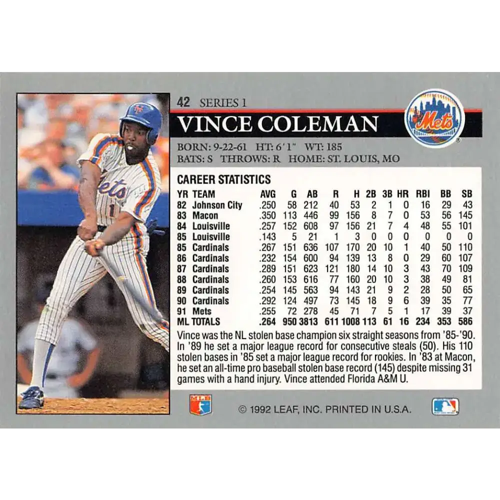 1992 Leaf #42 Vince Coleman NM-MT New York Mets Baseball Card - Baseball Card Single
