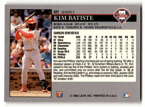 1992 Leaf #421 Kim Batiste Philadelphia Phillies Baseball Cards EX/N ID:64406 - Baseball Card Single