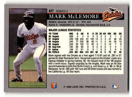 1992 Leaf #427 Mark McLemore Baltimore Orioles Baseball Cards EX/NM ID:64405 - Baseball Card Single