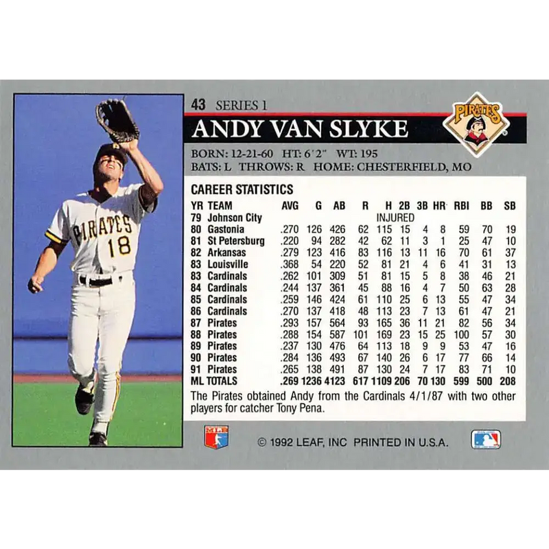 1992 Leaf #43 Andy Van Slyke NM-MT Pittsburgh Pirates Baseball Card - Baseball Card Single