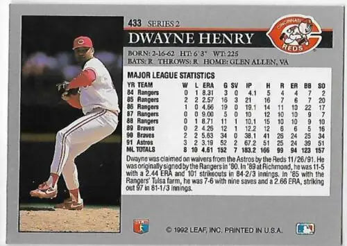 1992 Leaf #433 Dwayne Henry baseball card featuring original gloss, NM condition