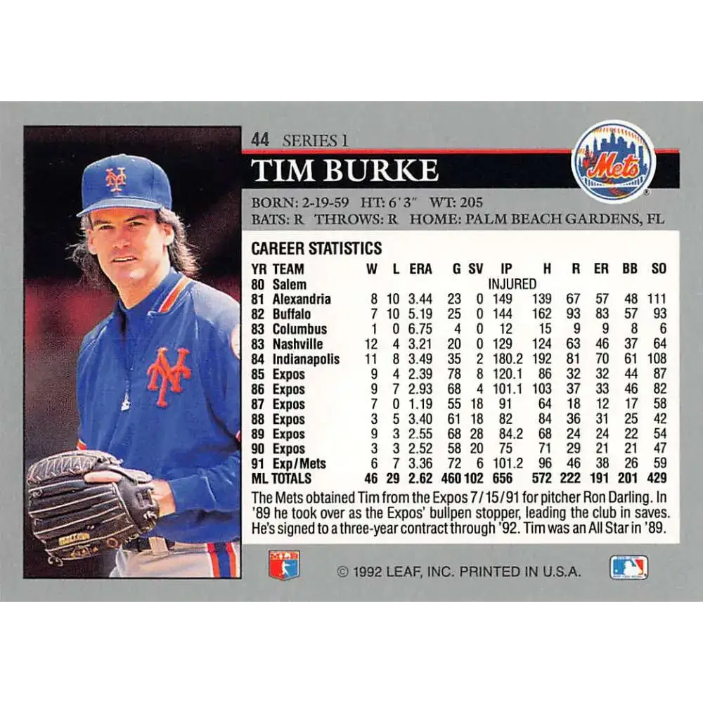 1992 Leaf #44 Tim Burke NM-MT New York Mets Baseball Card - Baseball Card Single