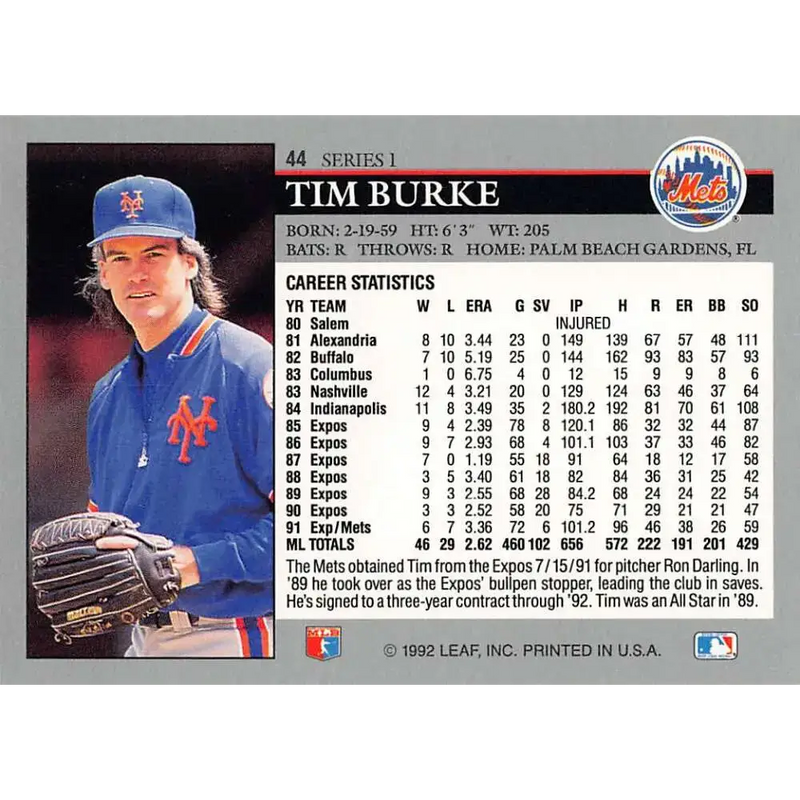 1992 Leaf #44 Tim Burke NM-MT New York Mets Baseball Card - Baseball Card Single