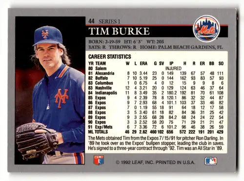 1992 Leaf #44 Tim Burke NM Near Mint Mets ID:60439 - Baseball Card Single
