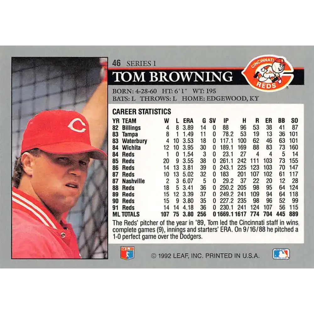 1992 Leaf #46 Tom Browning NM-MT Cincinnati Reds Baseball Card - Baseball Card Single