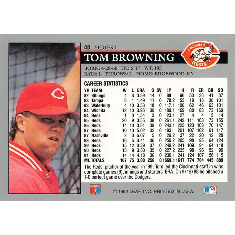 1992 Leaf #46 Tom Browning NM-MT Cincinnati Reds Baseball Card - Baseball Card Single