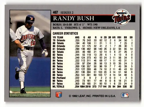 1992 Leaf #467 Randy Bush EX/NM Twins ID:60443 - Baseball Card Single