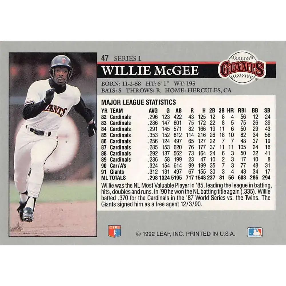 1992 Leaf #47 Willie McGee NM-MT San Francisco Giants Baseball Card - Baseball Card Single