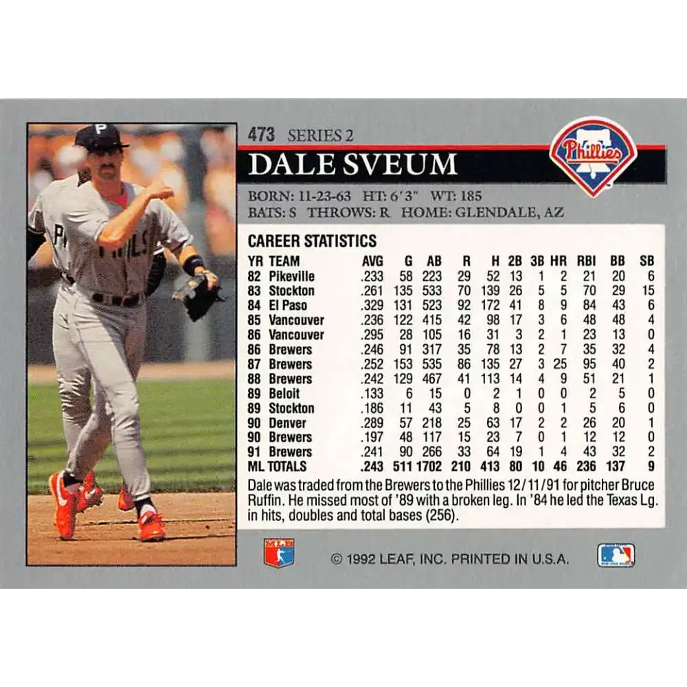 1992 Leaf #473 Dale Sveum NM-MT Philadelphia Phillies Baseball Card - Baseball Card Single