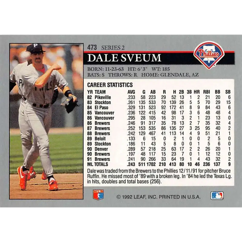 1992 Leaf #473 Dale Sveum NM-MT Philadelphia Phillies Baseball Card - Baseball Card Single
