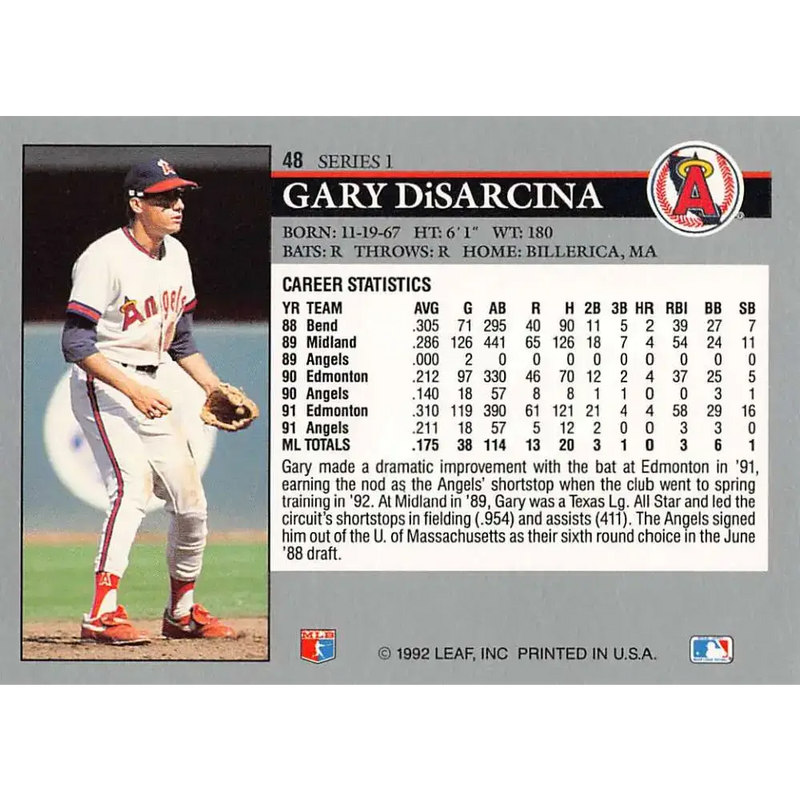 1992 Leaf #48 Gary DiSarcina NM-MT California Angels Baseball Card - Baseball Card Single