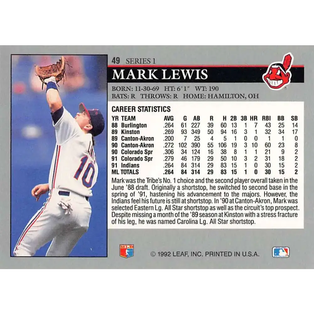 1992 Leaf #49 Mark Lewis NM-MT Cleveland Indians Baseball Card - Baseball Card Single