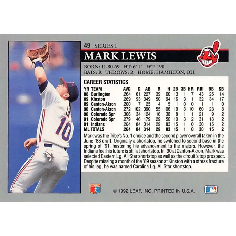 1992 Leaf #49 Mark Lewis NM-MT Cleveland Indians Baseball Card - Baseball Card Single