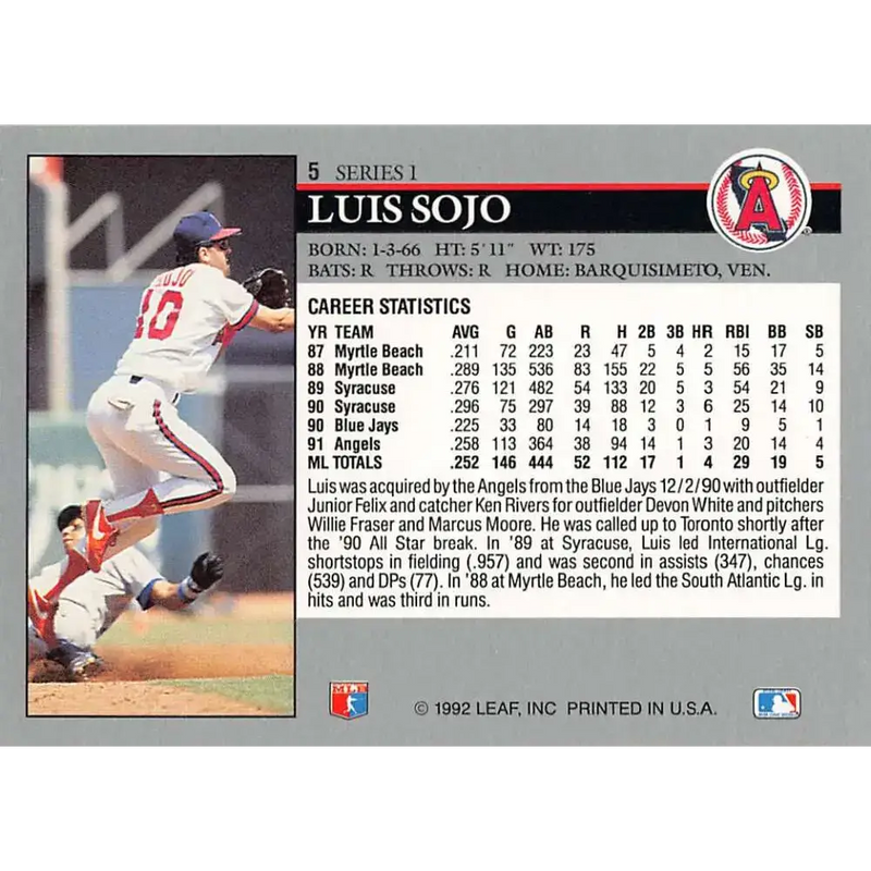 1992 Leaf #5 Luis Sojo NM-MT California Angels Baseball Card - Baseball Card Single