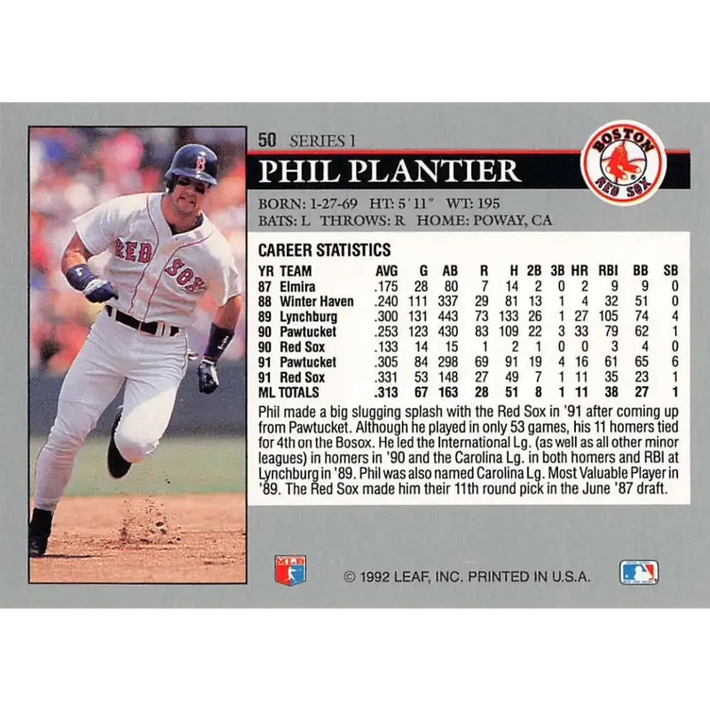 1992 Leaf #50 Phil Plantier NM-MT Boston Red Sox Baseball Card - Baseball Card Single