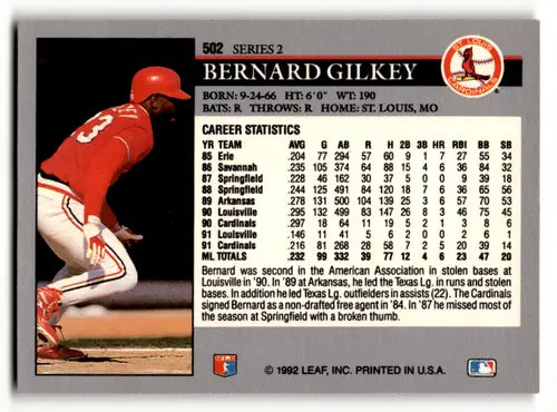 1992 Leaf #502 Bernard Gilkey EX/NM Cardinals ID:60445 - Baseball Card Single