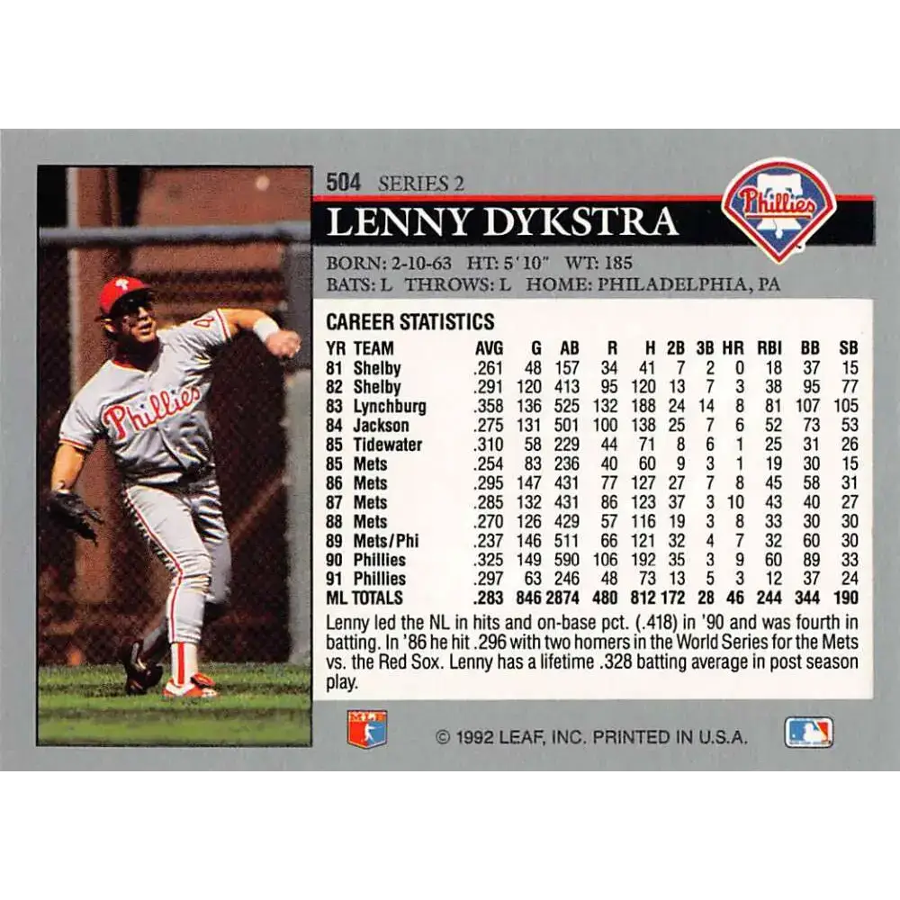 1992 Leaf #504 Lenny Dykstra NM-MT Philadelphia Phillies Baseball Card - Baseball Card Single