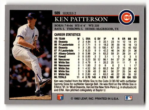 1992 Leaf #509 Ken Patterson NM Near Mint Cubs ID:60441 - Baseball Card Single